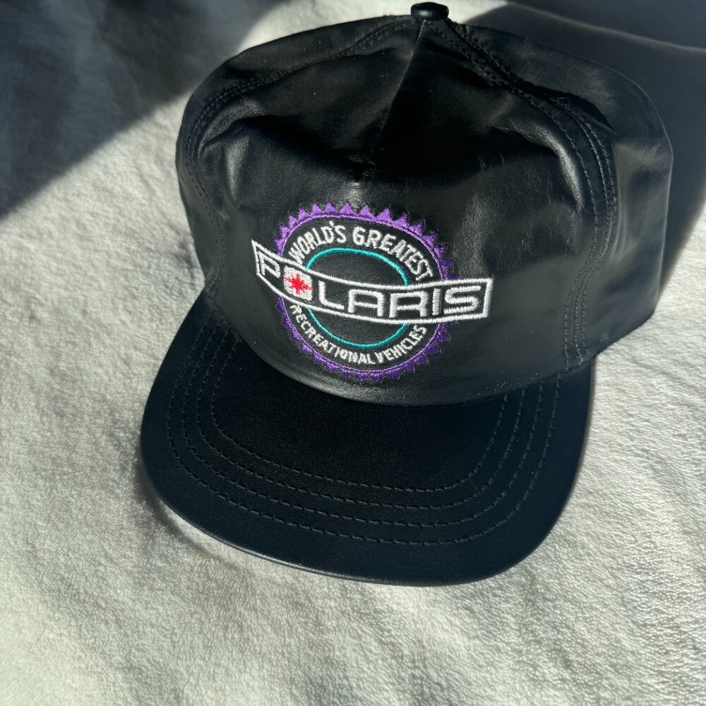 80's POLARIS Racing Black Leather and Brass Buckle Hat VTG‎ Cap **HTF